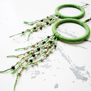 Σκουλαρίκια μεγάλοι κρίκοι πράσινοι με χάντρες - statement, ιδιαίτερο, χειροποίητα, μακριά, κρεμαστά, μεγάλα, μεγάλα σκουλαρίκια - 3