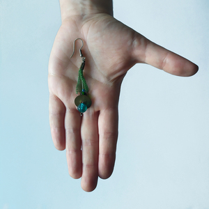 Σκουλαρίκια γαλάζιο πράσινο, μεταλλικό δίχτυ - χειροποίητα, μακριά, μπρούντζος, κρεμαστά, πρωτότυπα δώρα - 2