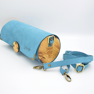 Δερμάτινη μπλε τσάντα βαρελάκι με ξύλο ελιάς - δέρμα, ξύλο, χιαστί, μικρές