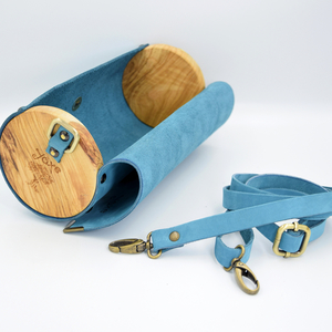 Δερμάτινη μπλε τσάντα βαρελάκι με ξύλο ελιάς - δέρμα, ξύλο, χιαστί, μικρές - 2