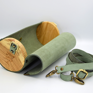 Δερμάτινη μέντα τσάντα βαρελάκι με ξύλο ελιάς - δέρμα, ξύλο, clutch, μικρές - 2