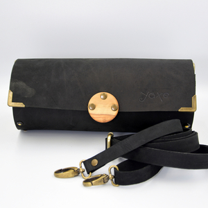 Δερμάτινη μαύρη τσάντα βαρελάκι με ξύλο ελιάς - δέρμα, ξύλο, ώμου, μικρές