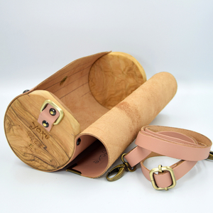 Δερμάτινη ροζ τσάντα βαρελάκι με ξύλο ελιάς - δέρμα, ξύλο, ώμου, μικρές - 2