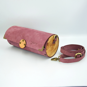 Δερμάτινη μωβ τσάντα βαρελάκι με ξύλο ελιάς - δέρμα, ξύλο, ώμου, μικρές