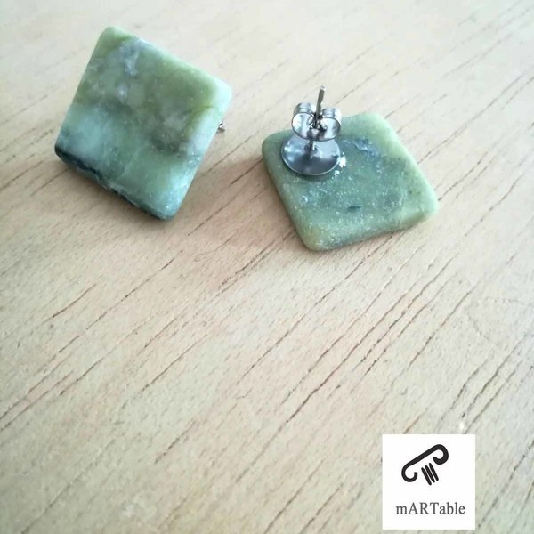 Καρφωτά σκουλαρίκια πράσινα τετράγωνα από Ελληνικό μάρμαρο και ατσάλι - χειροποίητα, μαμά, καρφωτά, ατσάλι, φθηνά - 3