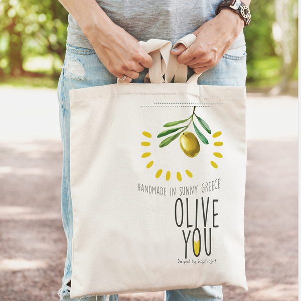 "Olive you" tote bag | Υφασμάτινη τσάντα, 100% cotton - ύφασμα, ώμου, μεγάλες, all day, tote, πάνινες τσάντες, φθηνές - 5