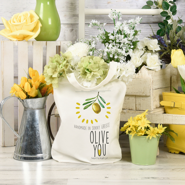 "Olive you" tote bag | Υφασμάτινη τσάντα, 100% cotton - ύφασμα, ώμου, μεγάλες, all day, tote, πάνινες τσάντες, φθηνές - 2