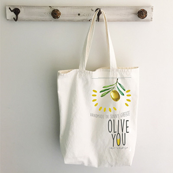 "Olive you" tote bag | Υφασμάτινη τσάντα, 100% cotton - ύφασμα, ώμου, μεγάλες, all day, tote, πάνινες τσάντες, φθηνές - 3