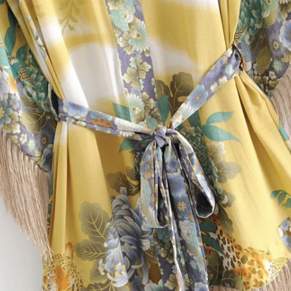 Kaftan Kimono Dress με κρόσσια - mini, φλοράλ - 3