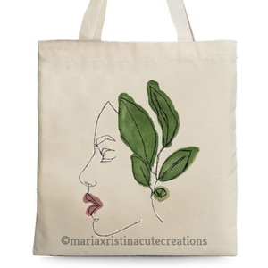 Πάνινη τσάντα Ζωγραφισμένη στο χέρι ♥ Green Lady - ύφασμα, ώμου, μεγάλες, all day, οικολογικό, tote, πάνινες τσάντες, φθηνές