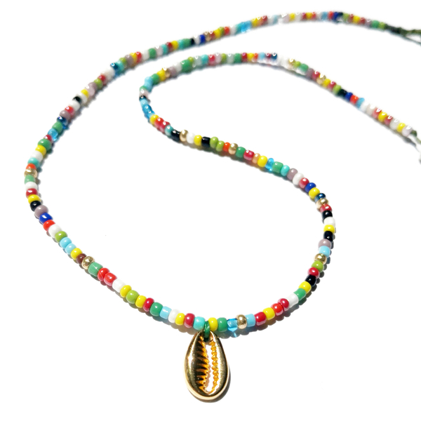 Tropicana necklace, πολύχρωμο κολιε με χάντρες κ χρυσό κοχυλι - κοχύλι, χάντρες, απαραίτητα καλοκαιρινά αξεσουάρ, κοντά, boho, φθηνά