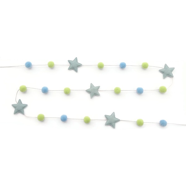 Διακοσμητική Γιρλάντα με Γαλάζια και Πράσινα Πον Πον και Υφασμάτινα Αστέρια - αγόρι, αστέρι, γιρλάντες, pom pom, αγορίστικο - 2