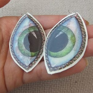 σκουλαρίκια μεγάλα πράσινα μάτια με υγρό γυαλί - γυαλί, επάργυρα, μάτι, boho, κρεμαστά, μεγάλα, γάντζος, faux bijoux - 4