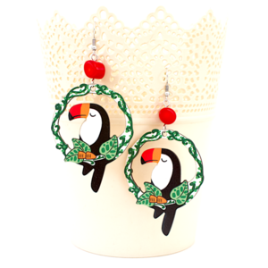 Ξύλινα σκουλαρίκια τουκάν| toucan earrings - κοράλλι, ξύλινα κοσμήματα - 2