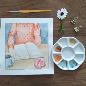 Illustration κορίτσι με βιβλίο - ζωγραφισμένα στο χέρι, πίνακες & κάδρα, κορίτσι, πίνακες ζωγραφικής