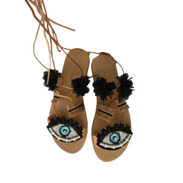 Evil eye gladiator sandals σε μαύρες αποχρώσεις. Lace up sandals. - δέρμα, λουλούδια, σανδάλια, κορδόνια, evil eye, gladiator, φλατ - 3