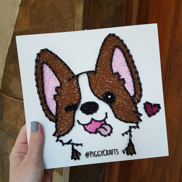 Καδράκι μελαμίνης με καρφιά & κλωστές "Corgi" 20x20cm - πίνακες & κάδρα, διακόσμηση, για παιδιά - 4