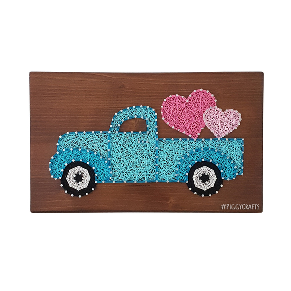 Ξύλινο κάδρο με καρφιά & κλωστές "Love Truck" 33x20cm - ξύλο, πίνακες & κάδρα, χειροποίητα, διακοσμητικά, δώρα αγίου βαλεντίνου