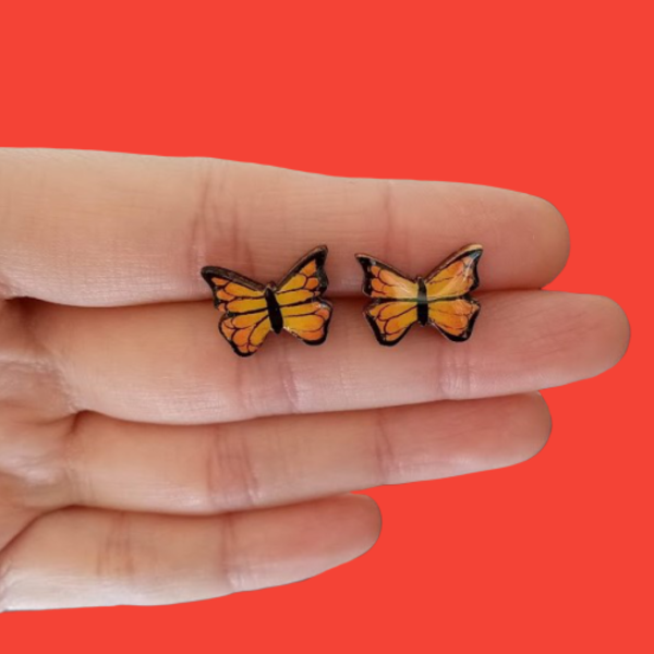 Stud earrings “Mini Butterfly”. - ξύλο, γυαλί, ζωγραφισμένα στο χέρι, καρφωτά, μικρά - 2