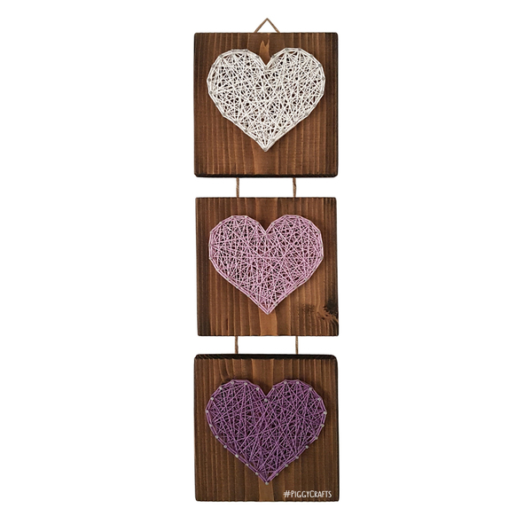 Ξύλινο διακοσμητικό τοίχου με καρφιά & κλωστές "Μωβ Καρδούλες" 42cm - καρδιά, κορίτσι, δώρο, ξύλινα διακοσμητικά τοίχου, παιδικοί πίνακες