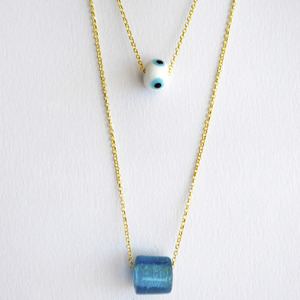 Κολιέ γαλάζια ροδέλα γυάλινη, αλυσίδα 925 επίχρυση - charms, επιχρυσωμένα, ασήμι 925, κοντά - 2