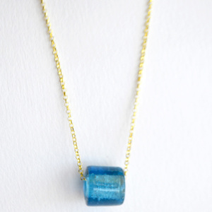 Κολιέ γαλάζια ροδέλα γυάλινη, αλυσίδα 925 επίχρυση - charms, επιχρυσωμένα, ασήμι 925, κοντά - 4