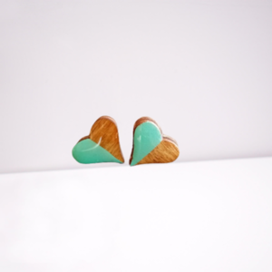 Stud earrings “Mini Hearts”. - ξύλο, γυαλί, ζωγραφισμένα στο χέρι, καρφωτά, καρφάκι - 4