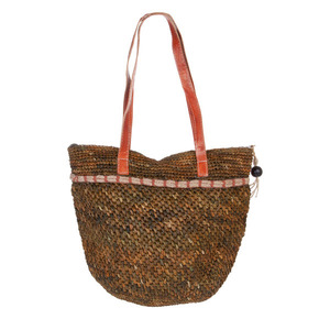 Ψάθινη πλεκτή μεγάλη τσάντα στο χρώμα της ελιάς - δέρμα, ώμου, ψάθα, χειροποίητα, minimal