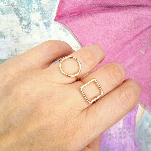 Δαχτυλίδι ροζ χρυσό τετράγωνο - minimal, μικρά, boho, boho, μπρούντζος, αυξομειούμενα, φθηνά - 2