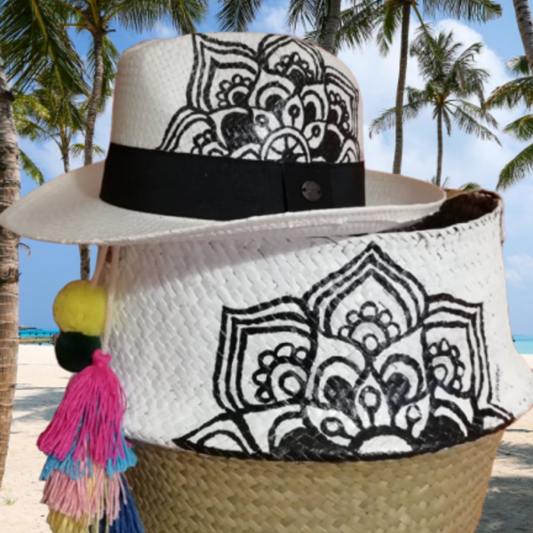 Ψάθινο Καπέλο Ζωγραφισμένο με σχέδιο Mandala - ψάθινα - 3