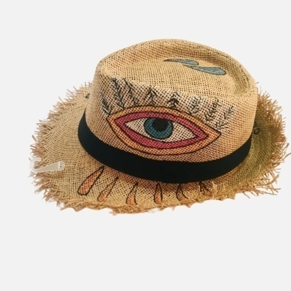 Lazy- ψάθινο καπέλο - ζωγραφισμένα στο χέρι, χειροποίητα, boho, καπέλα, ψάθινα
