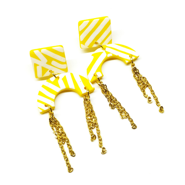Χειροποίητα σκουλαρίκια κίτρινα με αλυσίδες|Pink Lemon - πηλός, μακριά, κρεμαστά, μεγάλα, faux bijoux