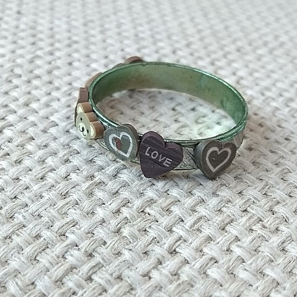 δαχτυλίδι αλουμινίου πράσινο, καρδιές και αρκουδάκια - πηλός, βεράκια, μικρά, boho, σταθερά, φθηνά - 2