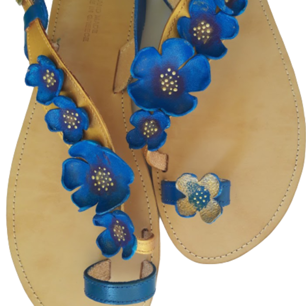 Δερμάτινα σανδάλια "Blue Flowers "! - δέρμα, ζωγραφισμένα στο χέρι, λουλούδια, φλατ