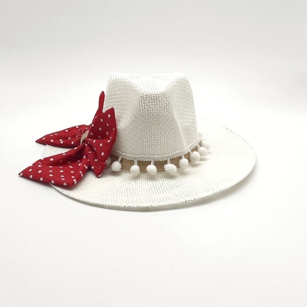 Χειροποίητο καπέλο παναμα “Red Bow” - φιόγκος, αξεσουάρ παραλίας, δώρα για γυναίκες, ψάθινα - 2