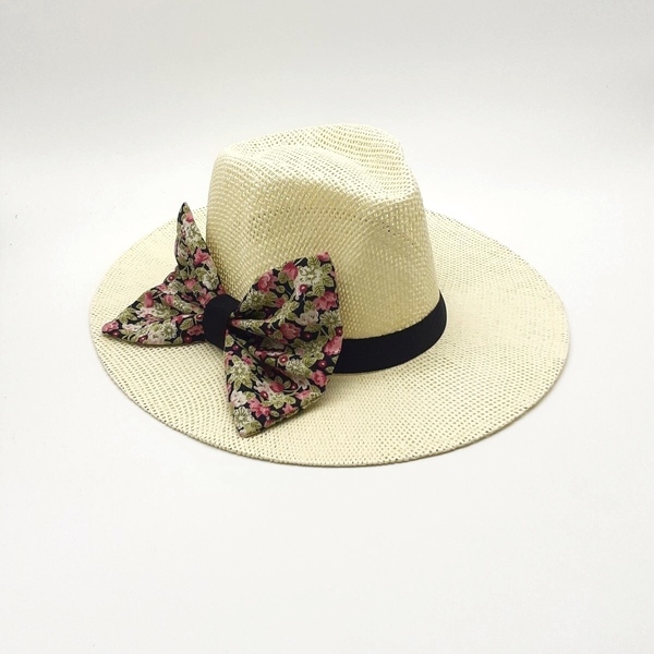 Χειροποίητο καπέλο παναμα “Flower Bow” - φιόγκος, φλοράλ, αξεσουάρ παραλίας, ψάθινα - 2