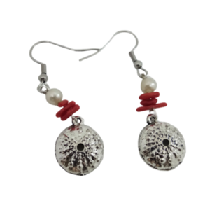 Σκουλαρίκια αχινοί με κοράλλι και πέρλα - σειρά "Summer Breeze " - ημιπολύτιμες πέτρες, ατσάλι, κρεμαστά, πέρλες, δώρα για γυναίκες, φθηνά - 3