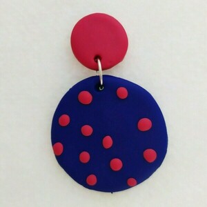 Blue with Pink dots-σκουλαρίκια από πολυμερικό πηλό - πηλός, γεωμετρικά σχέδια, boho, κρεμαστά - 3