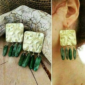 Σκουλαρίκια "μποχο" πράσινος αβεντουρίνης - ιδιαίτερο, boho, κρεμαστά, faux bijoux - 2
