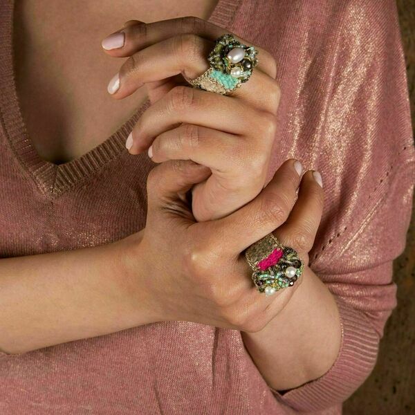 ATHINA MAILI - Υφαντό δαχτυλίδι με μαργαριτάρια και χάντρες - ημιπολύτιμες πέτρες, μαργαριτάρι, υφαντά, boho, μεγάλα - 2