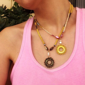 ATHINA MAILI - "SUN TALISMAN" Κολιέ με χρυσό ήλιο υφαντό κορδόνι και μαργαριτάρια - ημιπολύτιμες πέτρες, κοντά, υφαντά, boho, πέρλες - 4