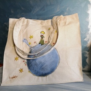Ζωγραφισμένη τσάντα ώμου "Μικρός Πρίγκιπας" - ύφασμα, ζωγραφισμένα στο χέρι, ώμου, μεγάλες, πάνινες τσάντες - 4