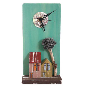Ρολόι επιτραπέζιο ξύλινο χειροποίητο ζωγραφισμένο στο χέρι με χρωματιστά σπιτάκια 10x22x6 πολύχρωμο Καπαδάκης Τάσος - ξύλο, ξύλο, ζωγραφισμένα στο χέρι, διακόσμηση, χειροποίητα, επιτραπέζια, αξεσουάρ γραφείου