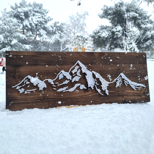 Ξύλινο κάδρο με καρφιά & κλωστές "Mountain Peaks" 50x20cm - πίνακες & κάδρα, χειμώνας - 5