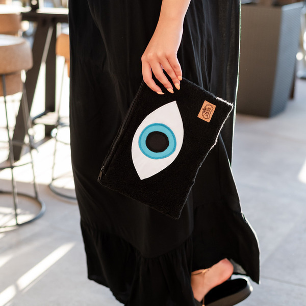 Μαύρο πετσετέ τσαντάκι με μάτι - ύφασμα, clutch, all day, evil eye - 3