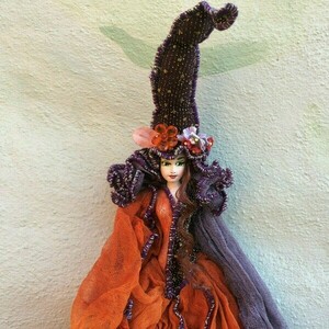 Διακοσμητική χειροποίητη Κούκλα "Μάγισσα Μικρή" 60 εκ. Πορτοκαλί με Μελιτζανί - κορίτσι, διακόσμηση, διακοσμητικά, διακόσμηση σαλονιού, κούκλες - 2