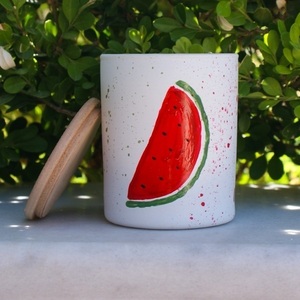 Κερί σογιας με άρωμα Watermelon μέσα σε ποτήρι ζωγραφισμένο στο χέρι - ζωγραφισμένα στο χέρι, αρωματικά κεριά, διακοσμητικά, κεριά - 4