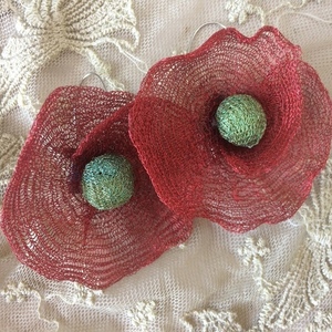 Σκουλαρίκια κόκκινα "Poppy"από πλέγμα τιτανίου - λουλούδι, κρεμαστά, μεγάλα, δώρα για γυναίκες - 5