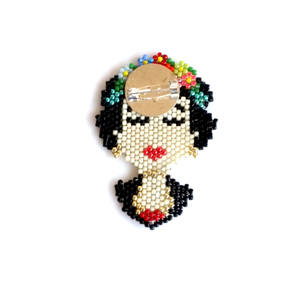 Καρφίτσα με γυάλινες χάντρες miyuki γυναίκα με λουλούδια - μήκος 7.0εκ. - χειροποίητα, χάντρες, miyuki delica, frida kahlo - 4