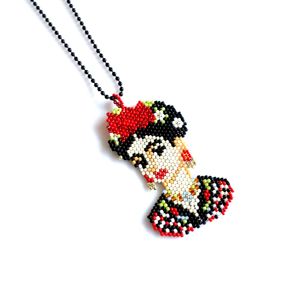 Κολιέ με γυάλινες χάντρες miyuki Γυναίκα με Λουλούδια - μήκος 50εκ. - χειροποίητα, miyuki delica, μακριά, frida kahlo - 4